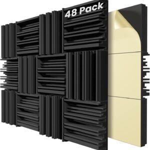 48 pack self adhesive sound proof foam panels for wall,12" x 12" x 2" acoustic panels,high resilience sound proofing foam,sound absorbing panel for home studios, offices black